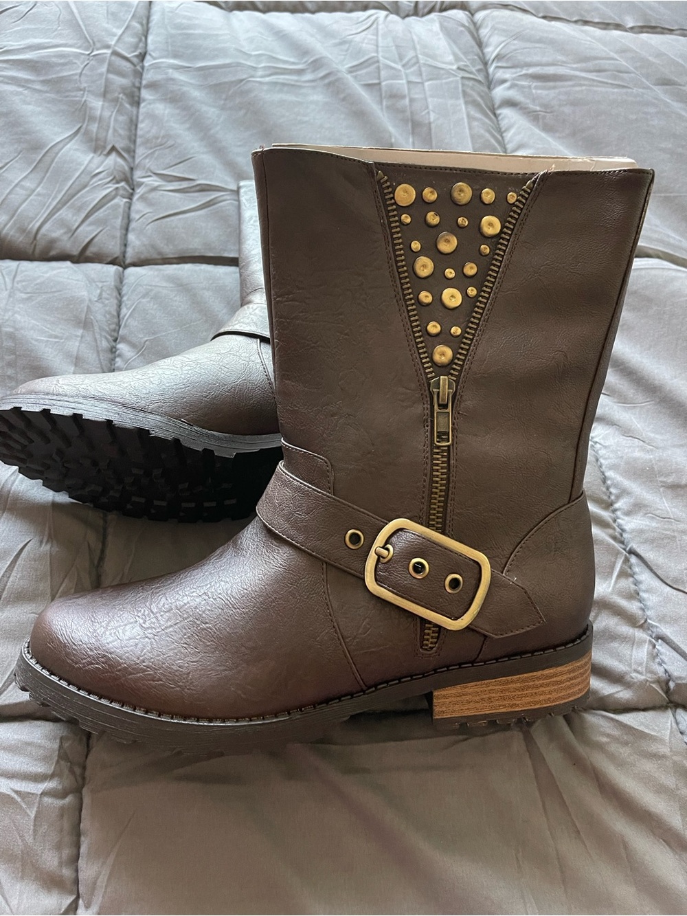 Brown Mid-Calf Buckle Boots with Stud Detail